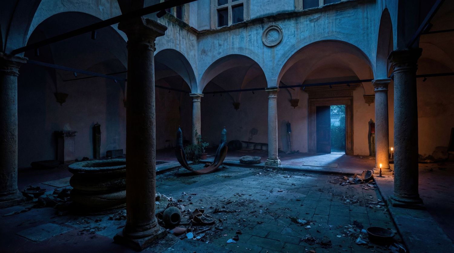 Dark abandoned corridor with arched doorways and dramatic shadows cast by dim lighting in an old building.