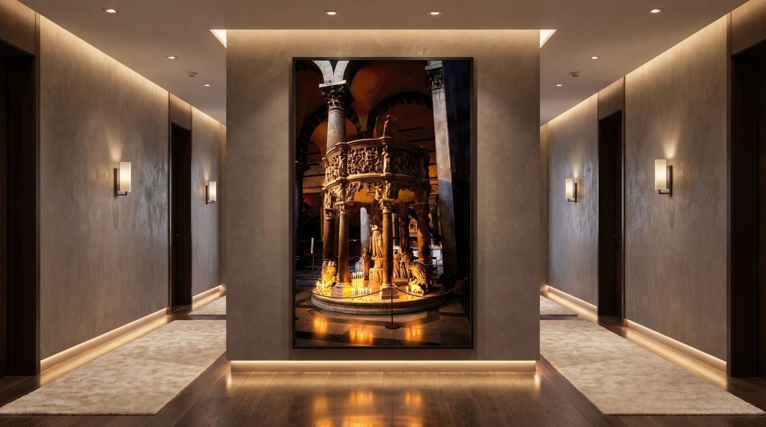 Ornate golden altar with glowing candles inside a grand historic building displayed as wall art in an elegant hallway.