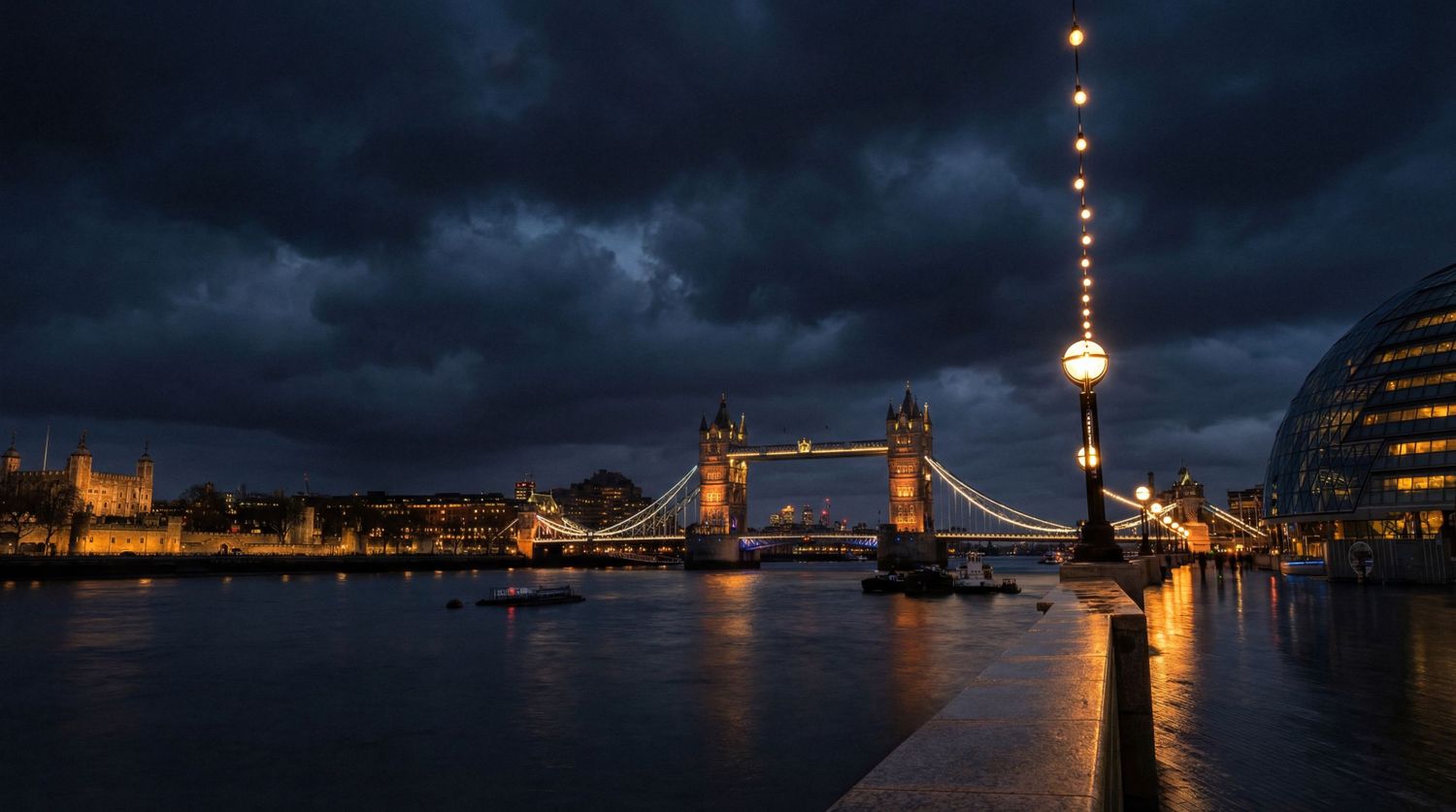 Panoramic nighttime cityscape of London with illuminated Tower Bridge and River Thames reflecting city lights.