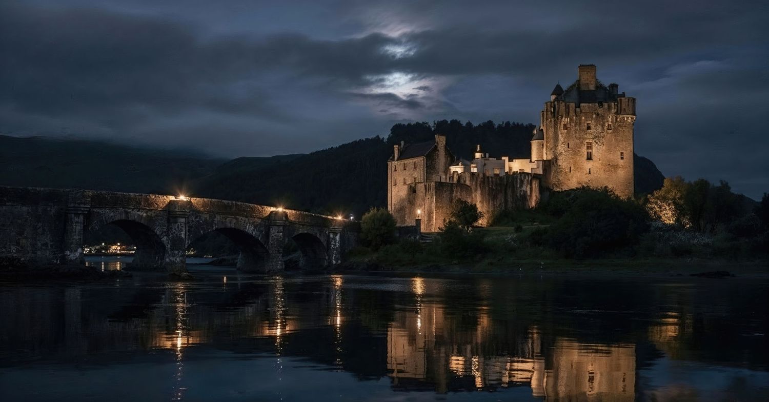 Eilean Donan Castle illuminated at night reflecting on calm water under a dramatic moonlit sky in Scotland.