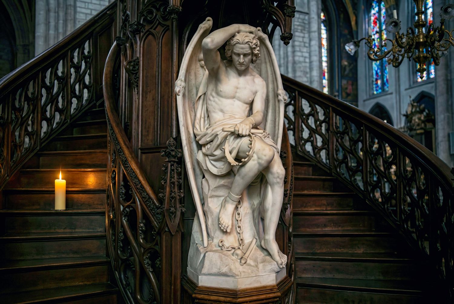 Marble angel statue on ornate wooden staircase in gothic cathedral with stained glass windows and candlelight.