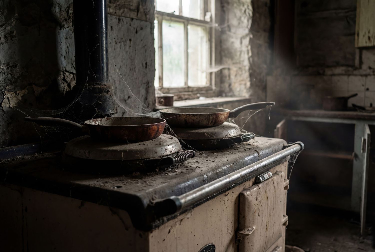 An old abandoned piano sits decaying in a dark, dusty room with peeling walls and broken windows.