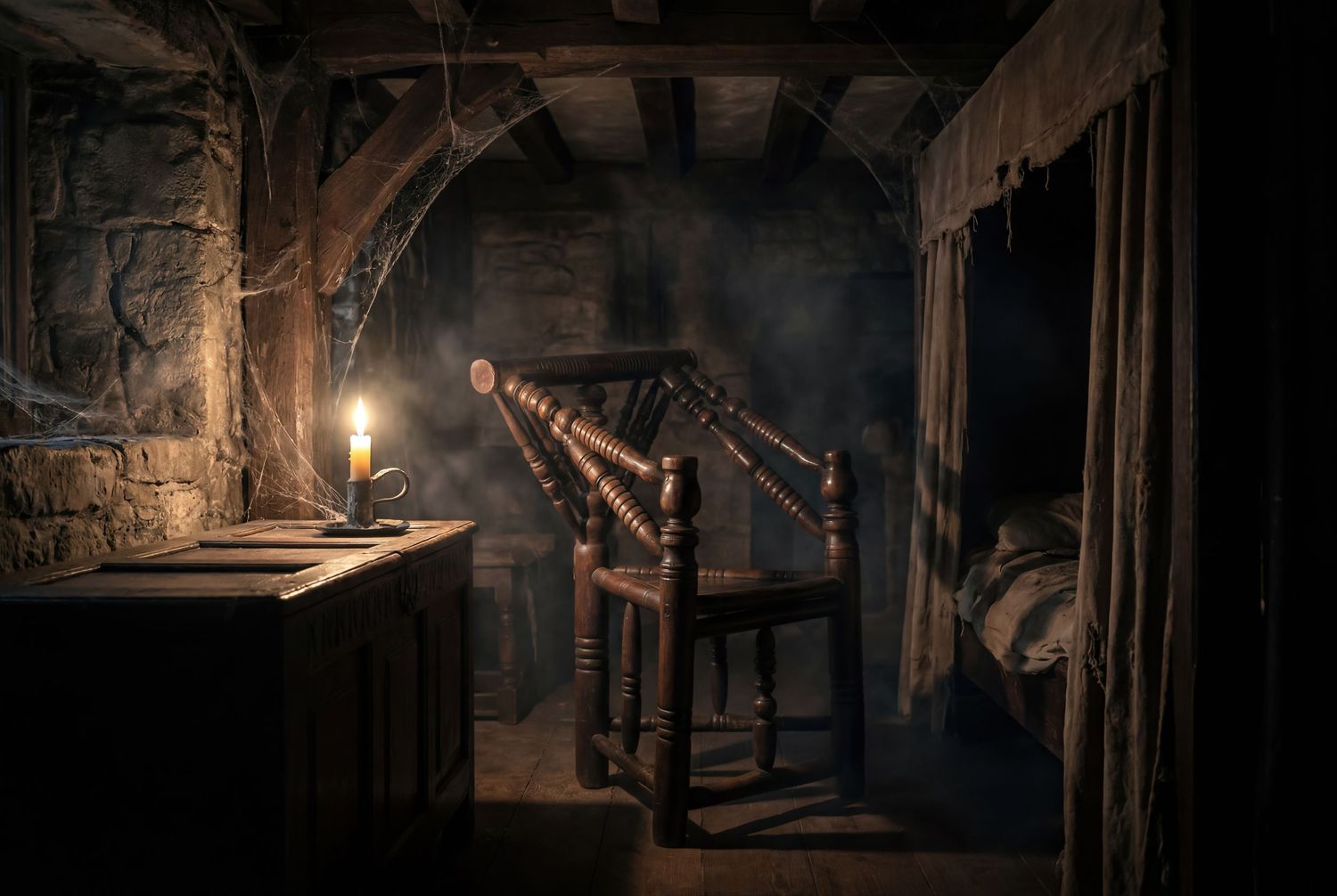 Dimly lit medieval room with a candle, wooden chair, stone walls, and a curtained bed in the background.