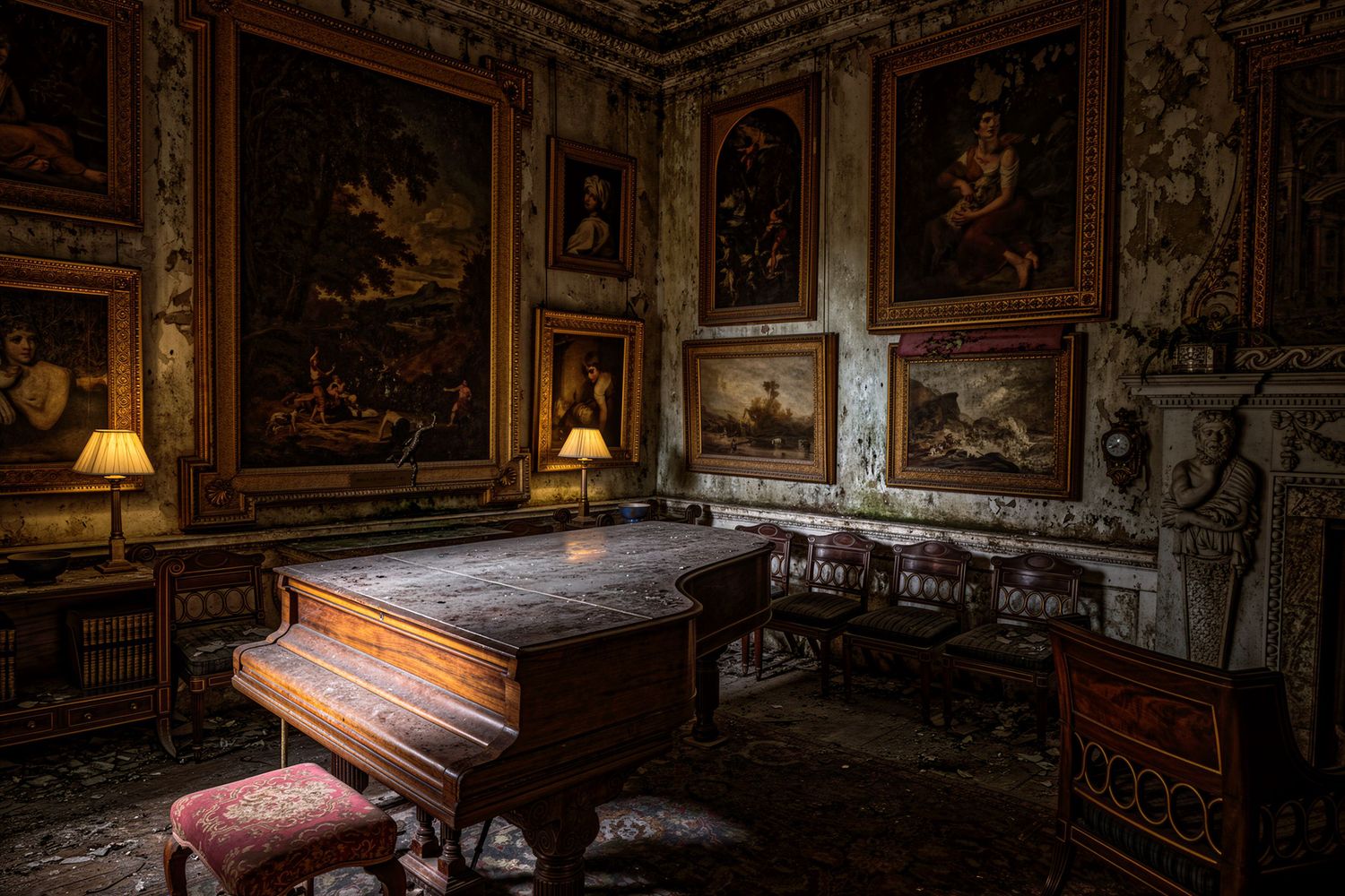 Ornate vintage room with grand piano, gilded oil paintings, decorative walls, and antique furniture in a luxurious historic mansion.