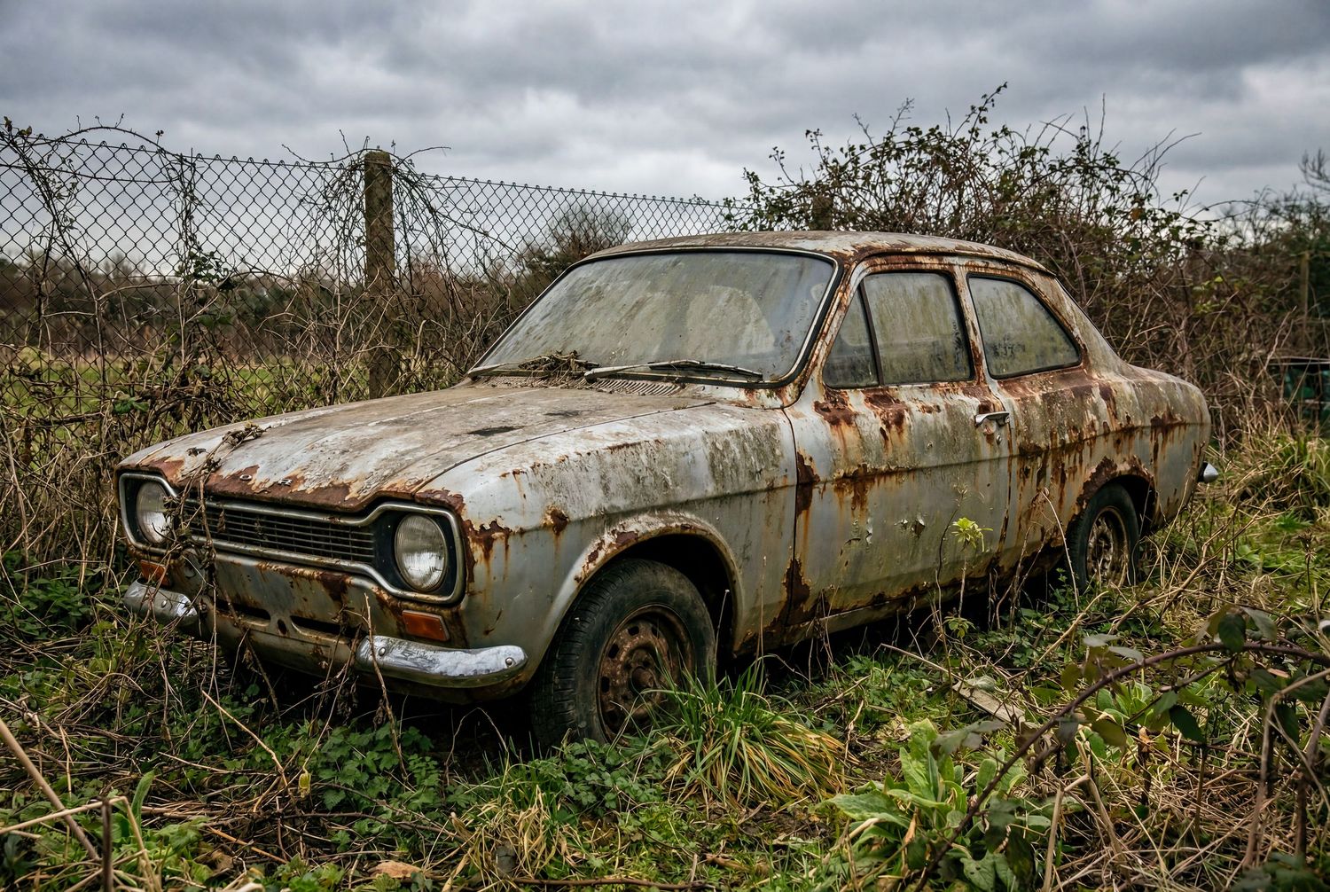 Rusty abandoned vintage Ford Escort car overgrown with weeds in a field under cloudy skies.