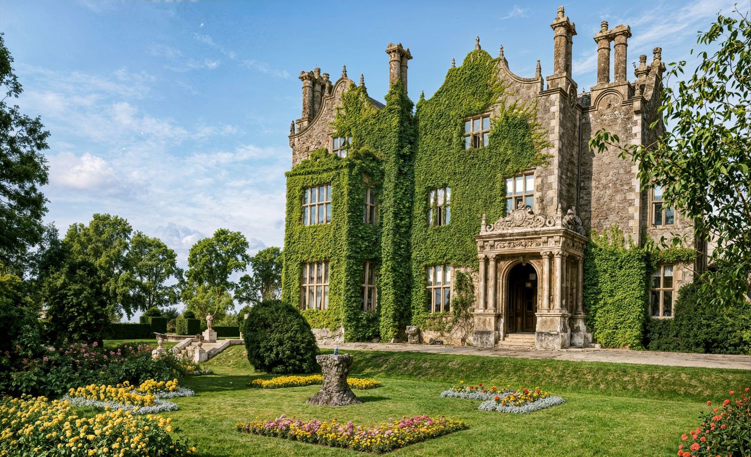 Ivy-covered historic stone manor house with manicured formal gardens, colorful flower beds, and topiary shrubs under a blue sky.