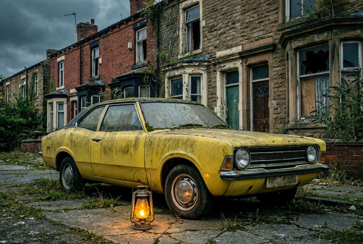 Abandoned rusty yellow vintage car beside a lit lantern in front of derelict brick terraced houses under stormy skies.