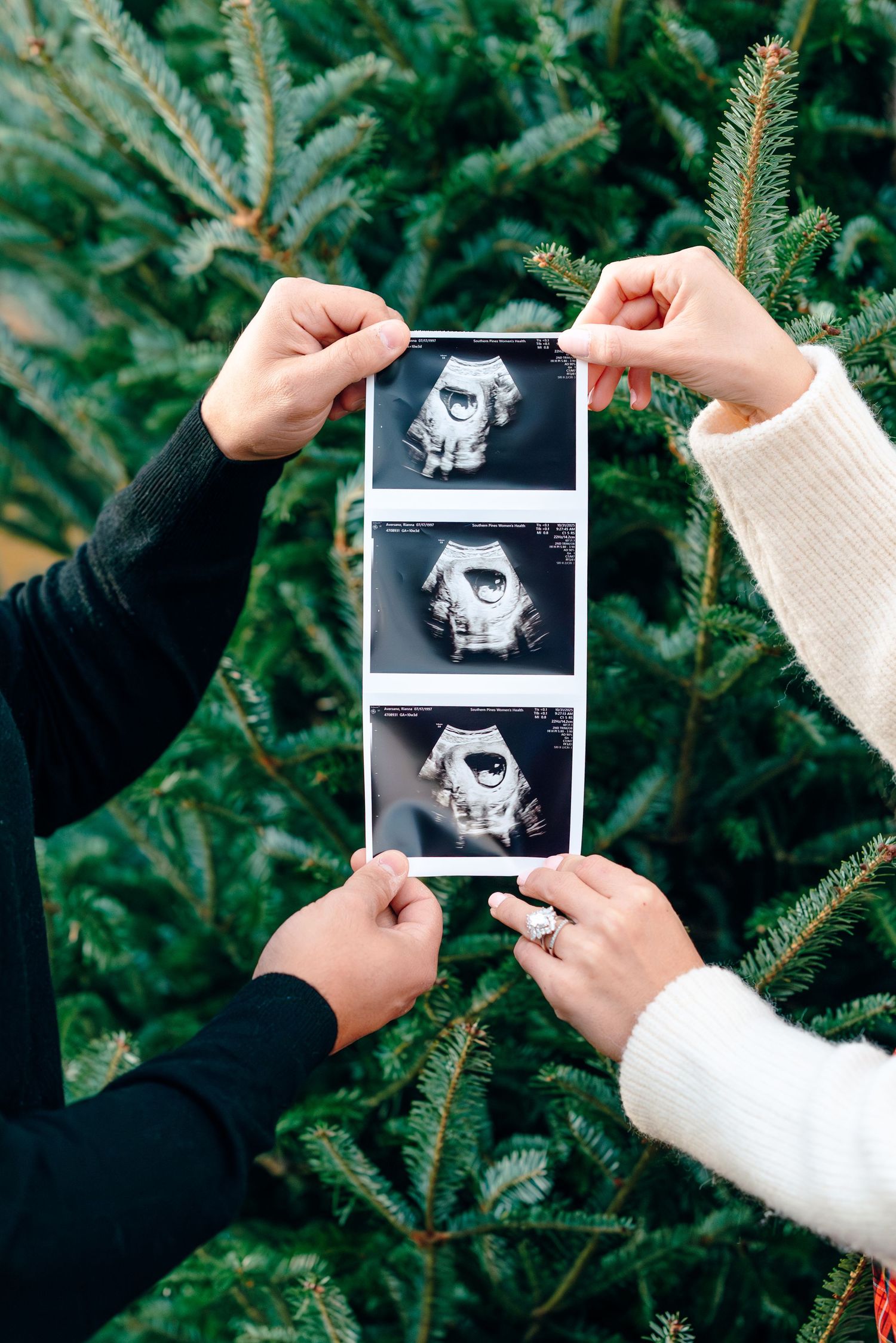 Maternity pregnancy announcement photos of couple holding their ultrasound photos in Raleigh NC on a christmas tree farm