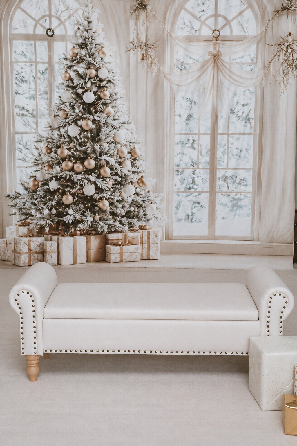 Elegant white Christmas interior with flocked tree, gold ornaments, wrapped gifts, and a tufted bench by large windows.