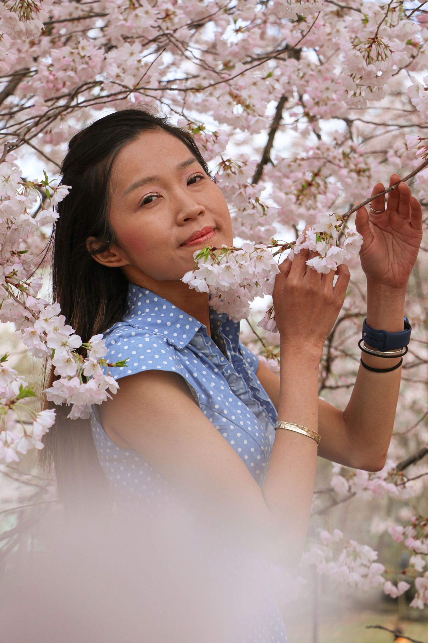 Smiling Asian woman in blue polka dot dress holding pink cherry blossom branches in spring.