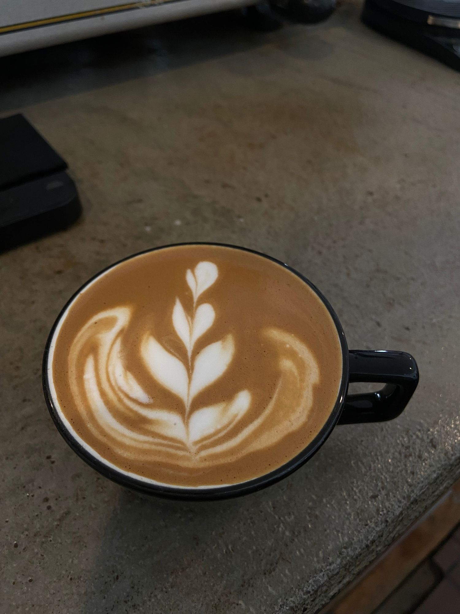 latte art on a coffee in a black mug