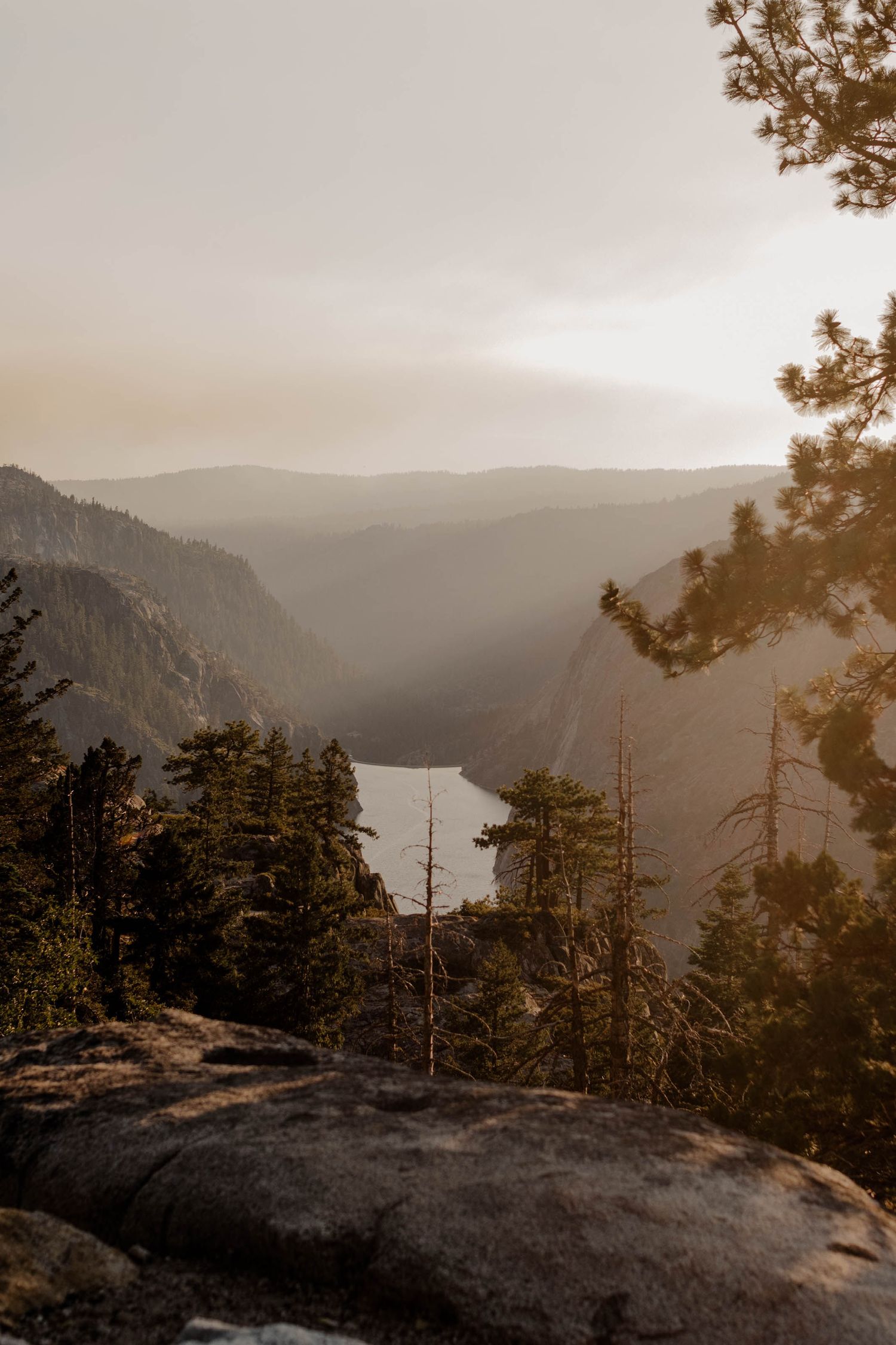 sunset view of reservoir through treetops