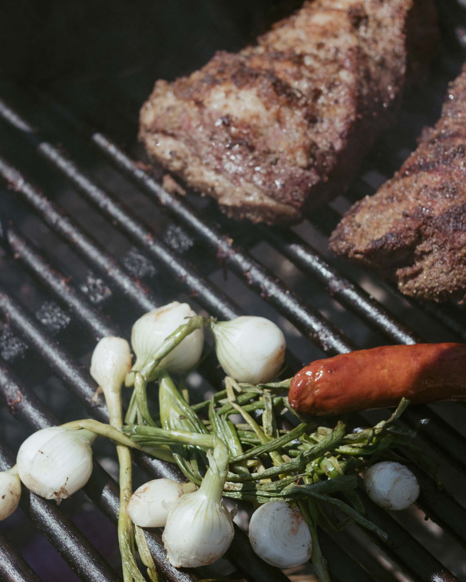 Tri-tips, spring onions, and sausages smoke over a wood grill