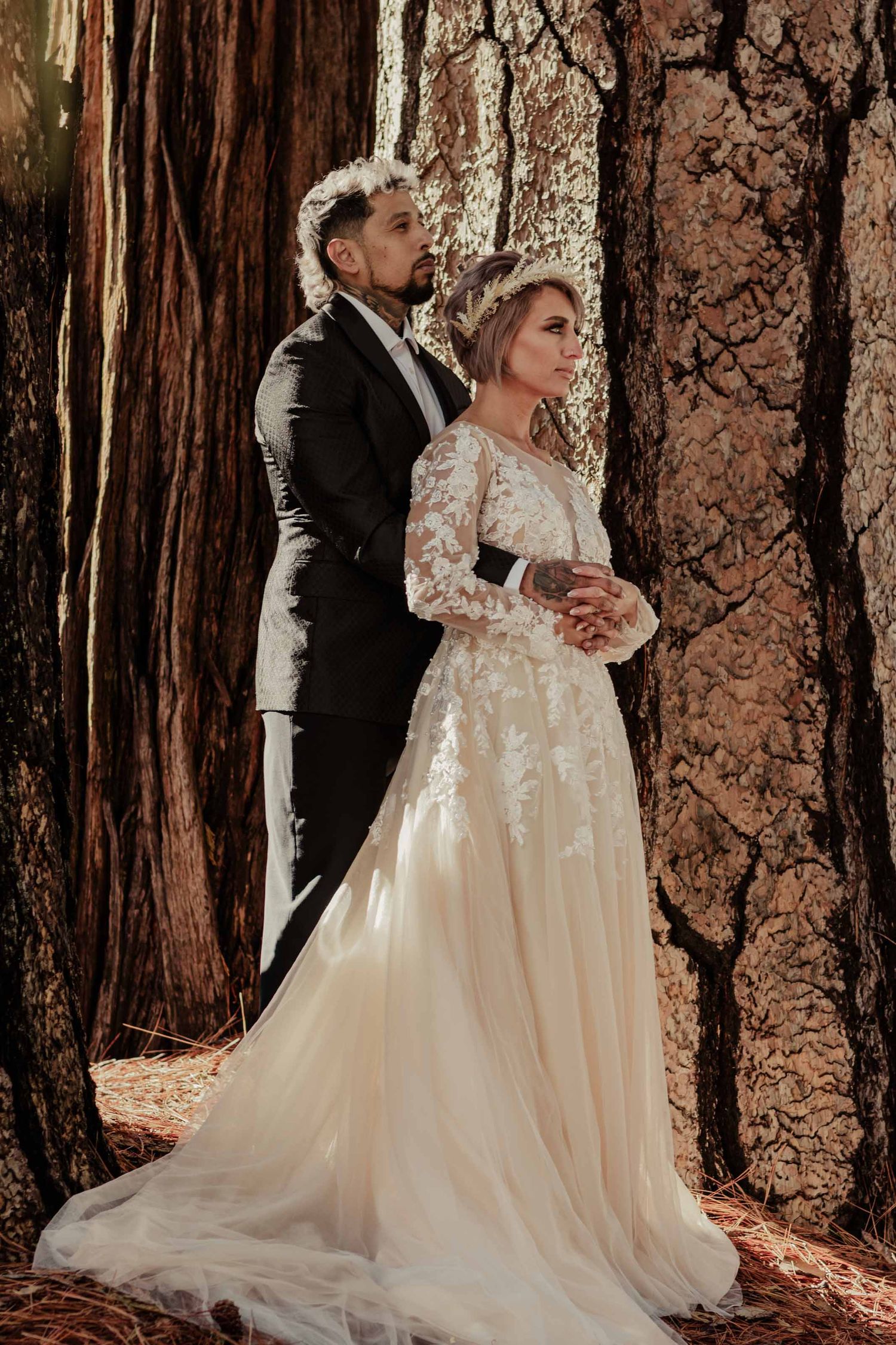 groom stands behind bride and embraces her beside a large pine tree