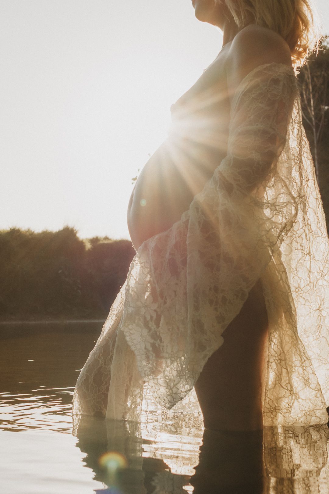 sunset, maternity, water, mothehood, nude, etherial