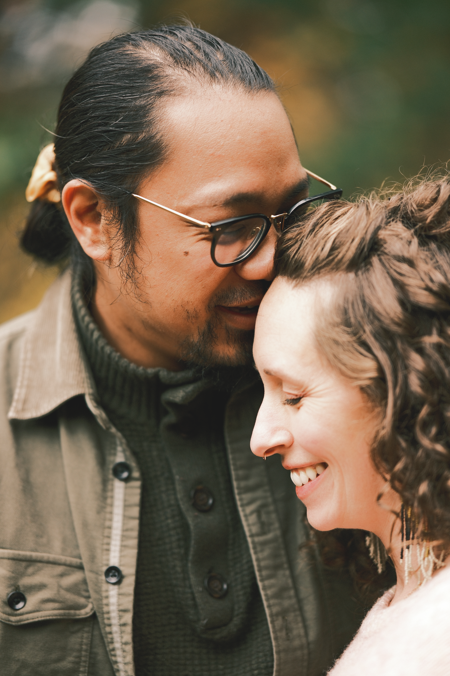 Intimate autumn portrait sequence showing a couple sharing tender moments outdoors.