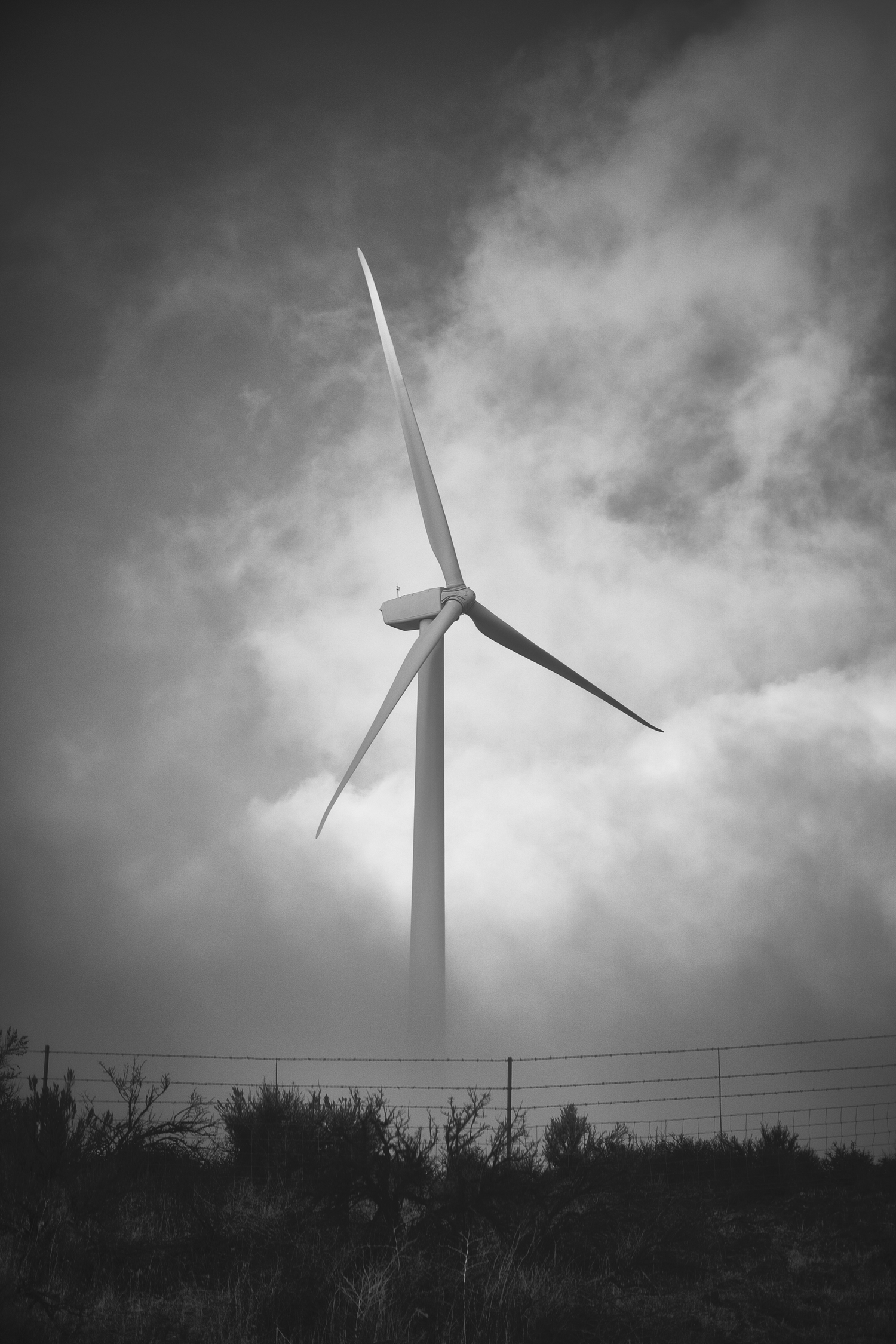 Black and white photograph of a wind turbine towering against cloudy sky with power lines below.