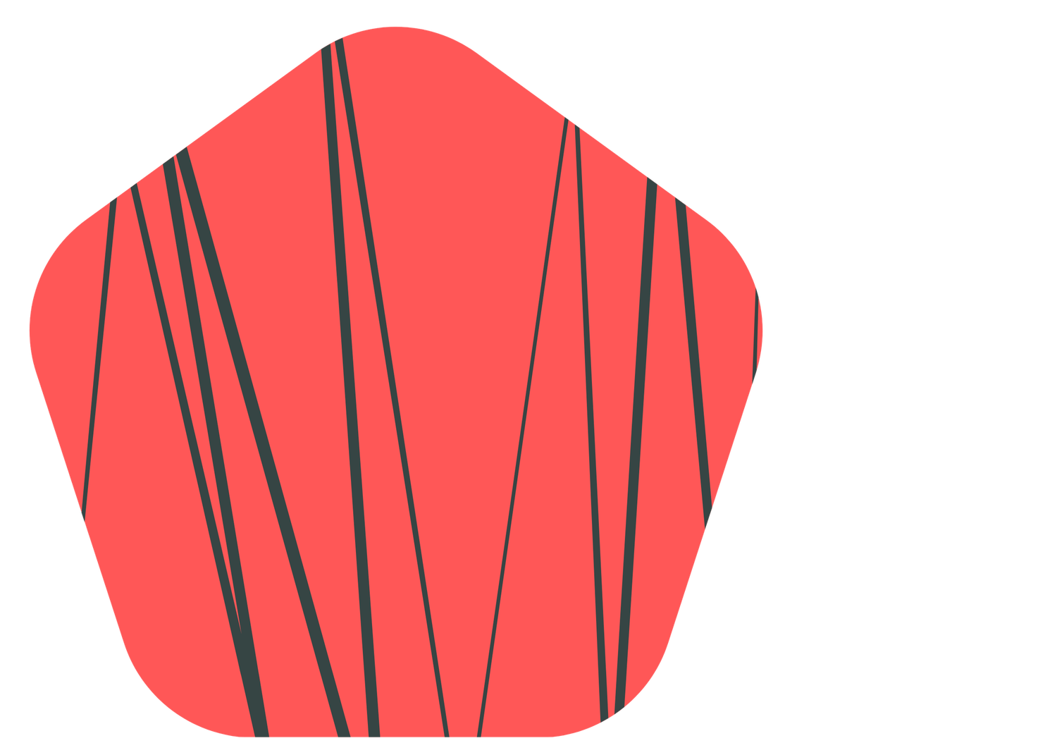 Red shapes with vertical dark stripes arranged in a geometric pattern.