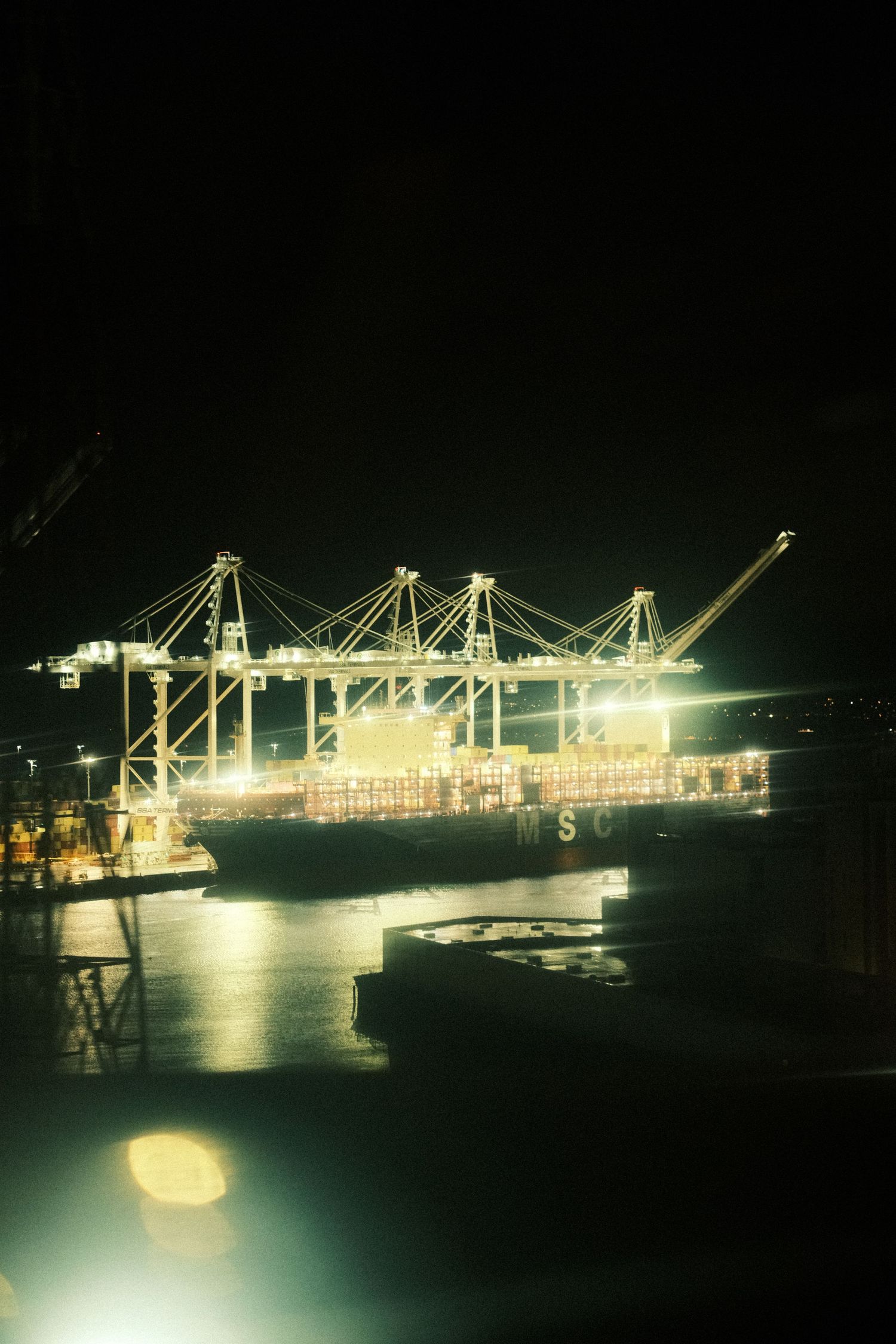 Illuminated cargo ships and cranes glow at a busy port terminal at night.