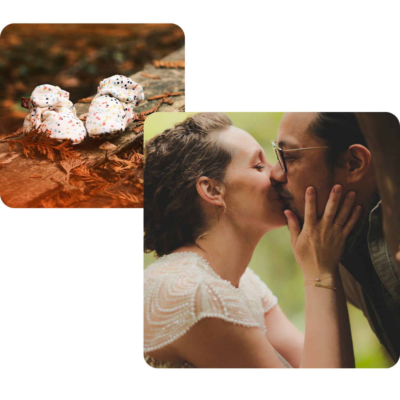 Romantic wedding couple in white dress and suit sharing intimate moment outdoors.