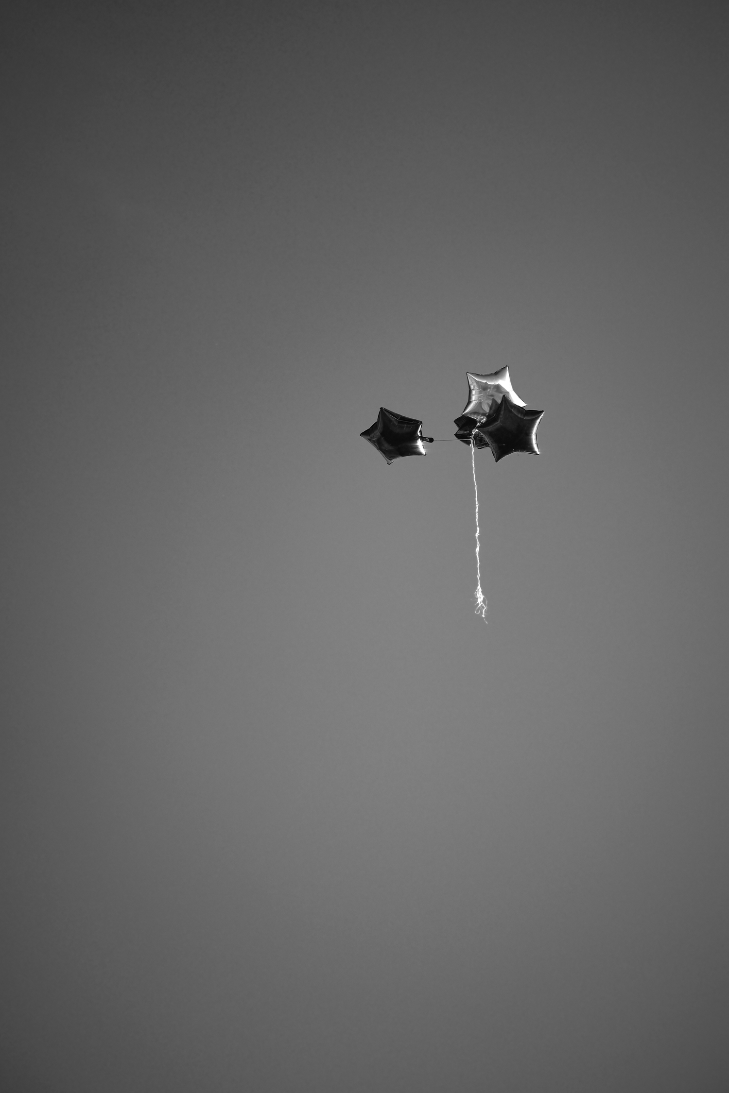 Minimalist black and white photograph of dark geometric shapes floating against a gray gradient background.