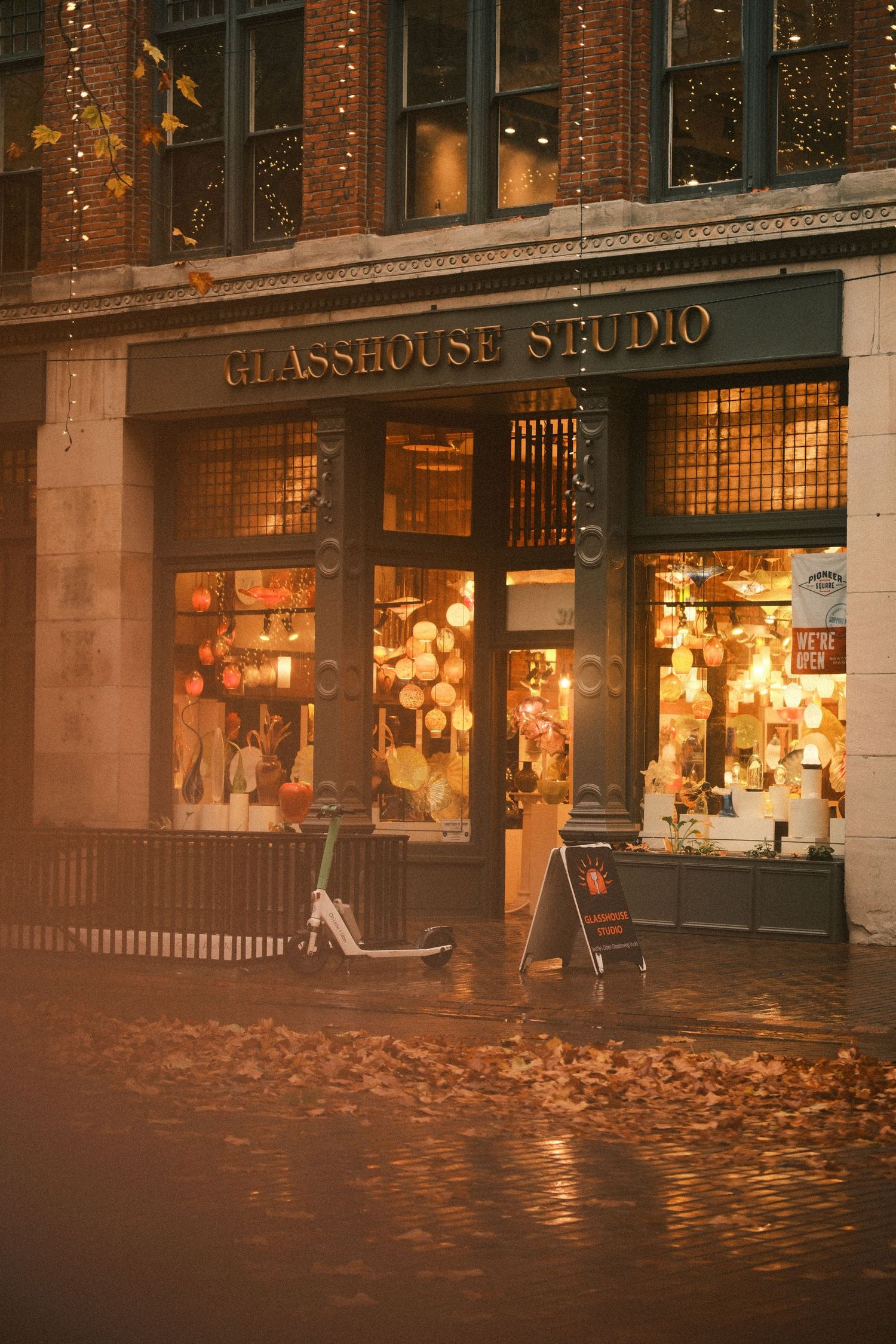 Glasshouse shop storefront with warm lighting and fallen leaves on sidewalk at dusk.