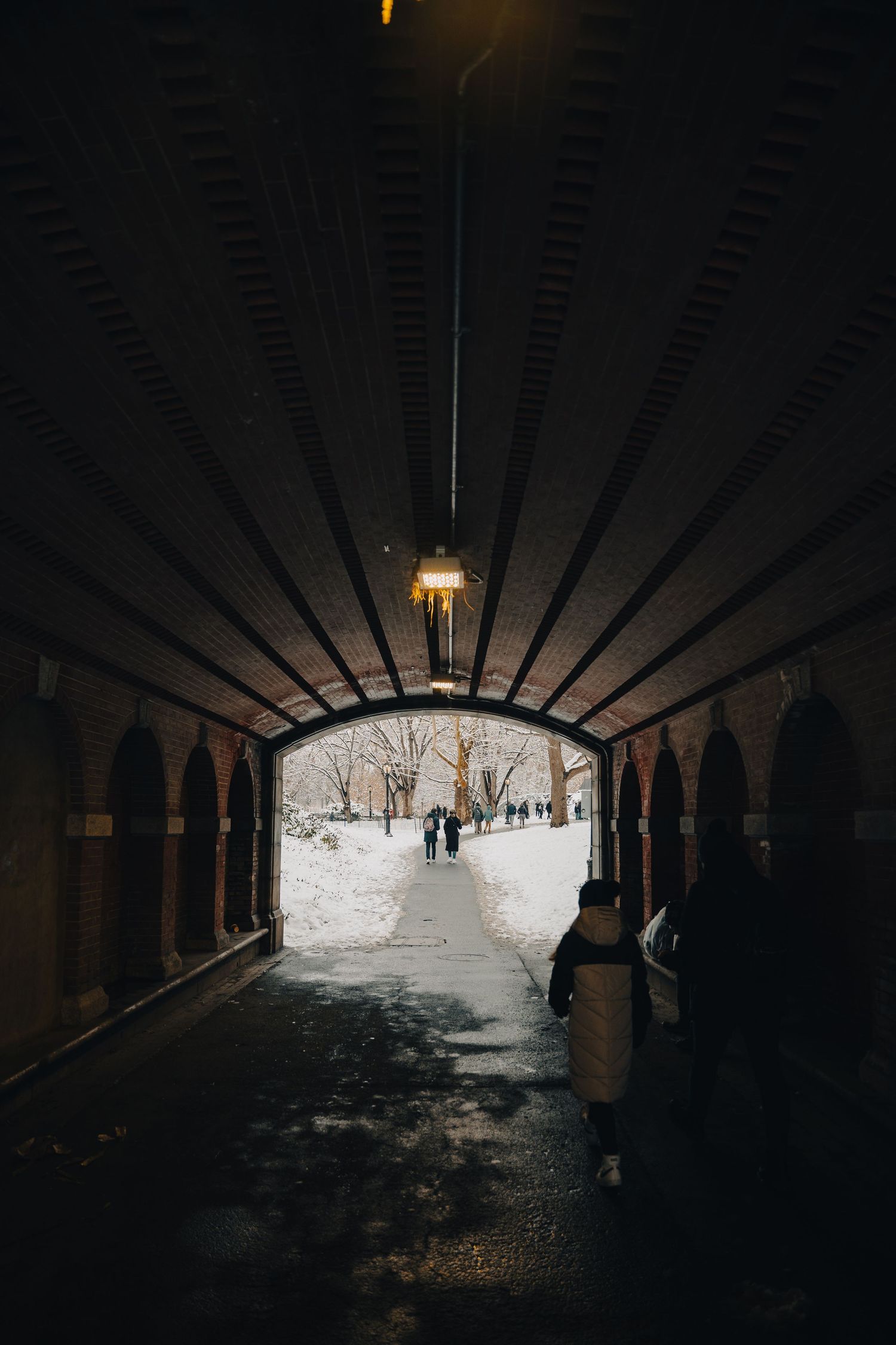 Dark tunnel passageway leading to snowy winter scene with dramatic lighting.