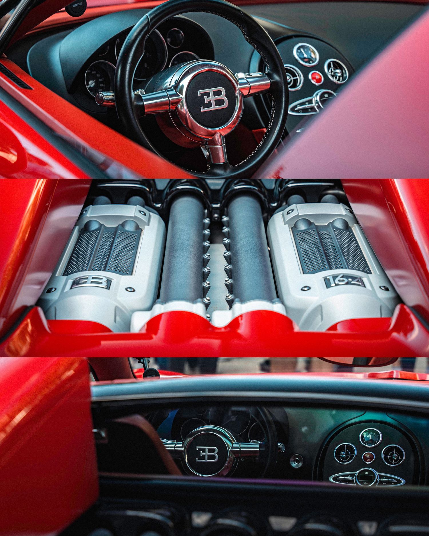 Red Bugatti engine bay showing detailed view of twin W16 engine configuration.