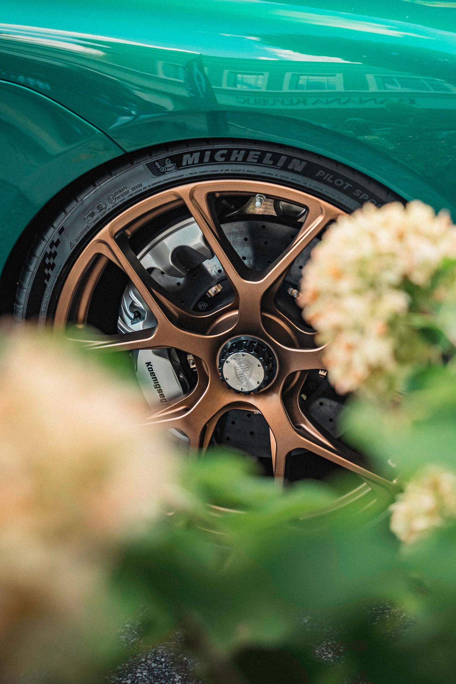 Close-up of a green car's bronze wheel and Michelin tire through blurred foliage.