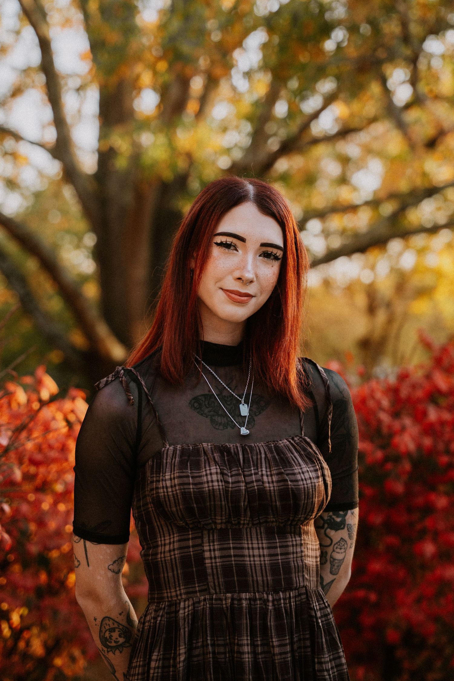 Fashion portrait showcasing a plaid dress and black top with autumn colors in background.