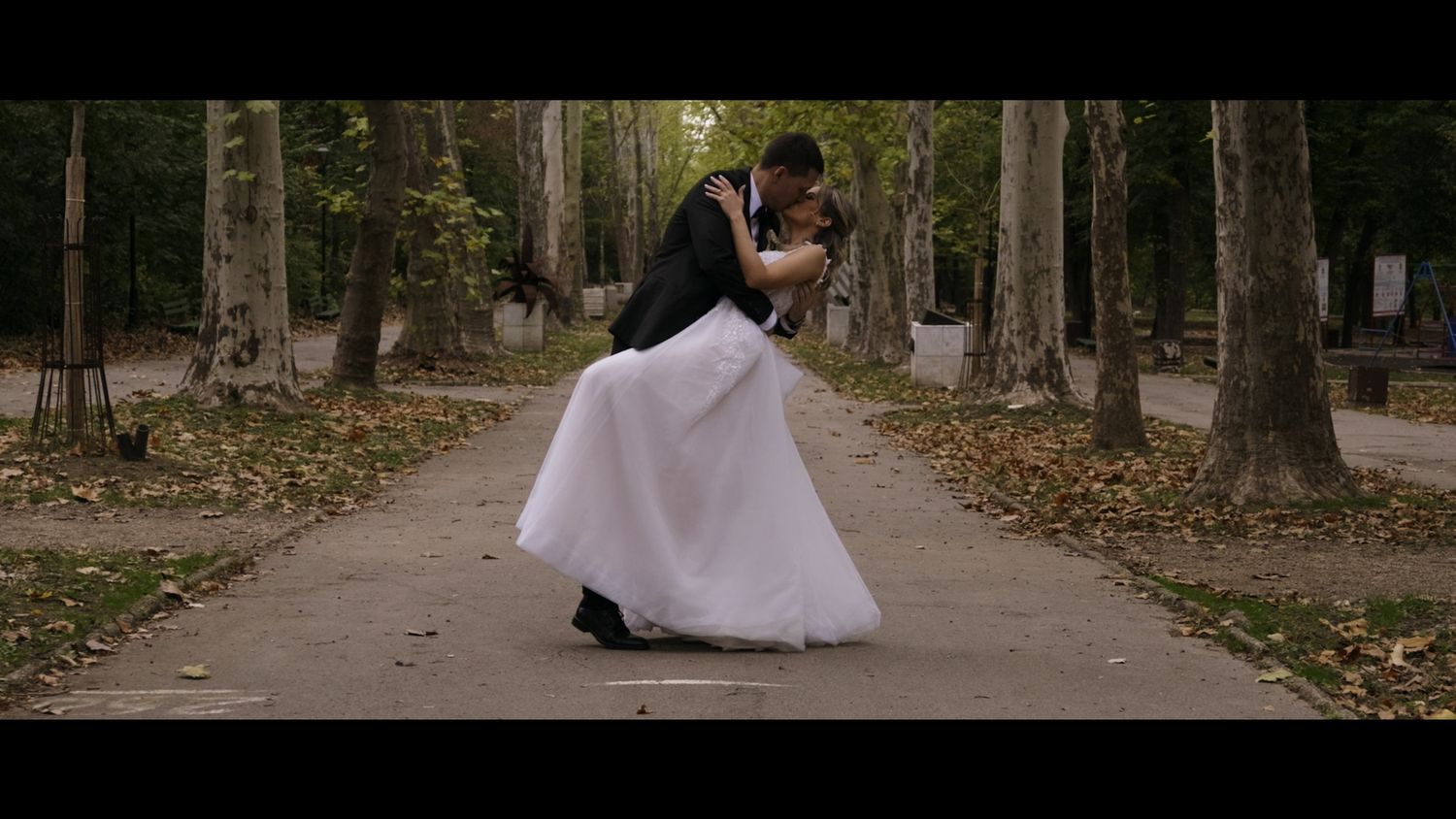 Wedding couple walking hand in hand down tree-lined path in autumn.