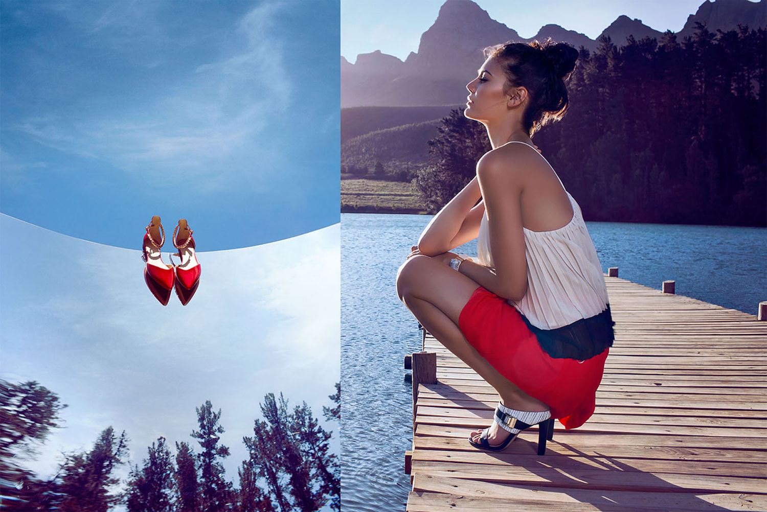 Split image of red shoes against sky and person on dock by mountain lake.