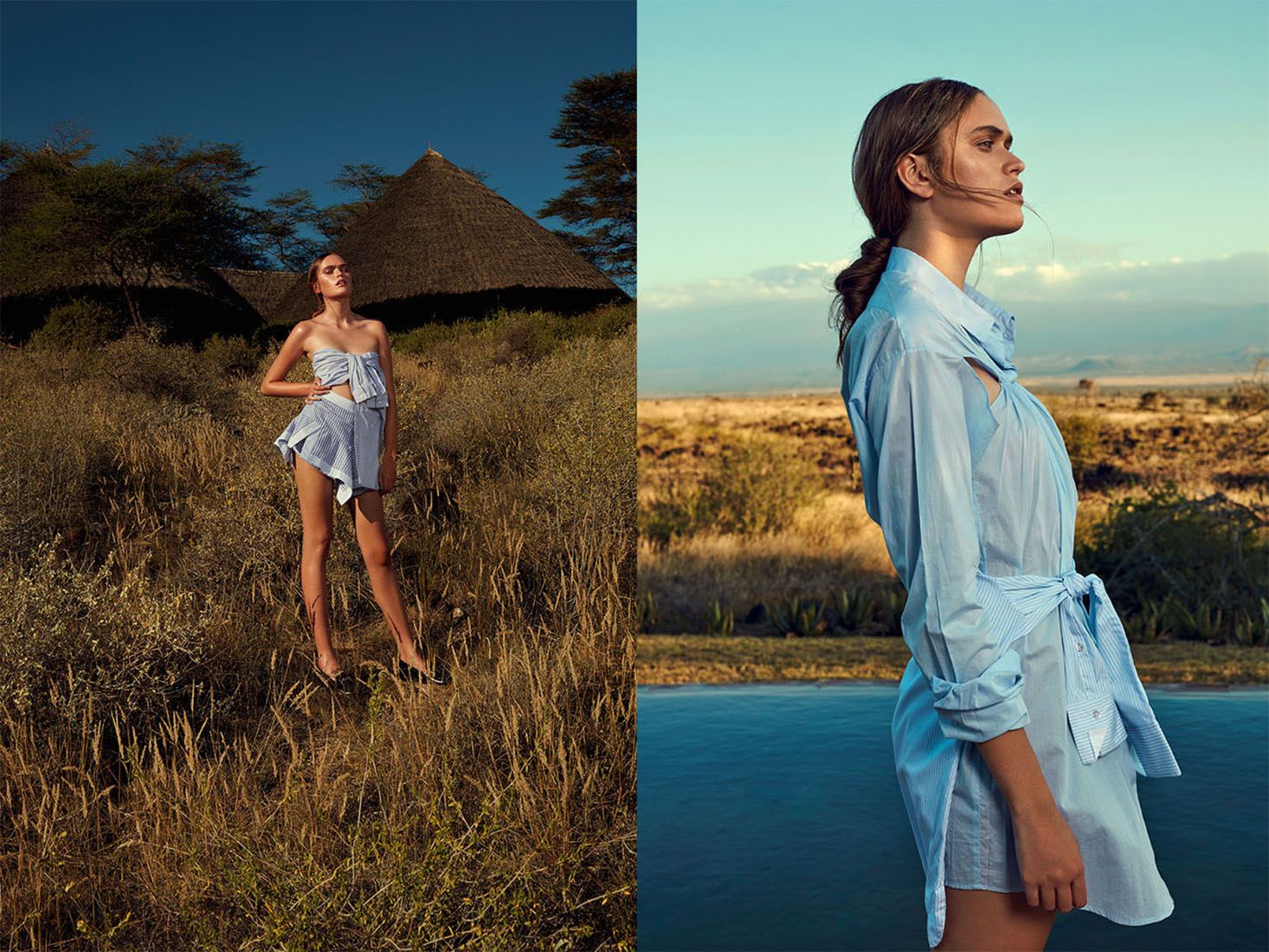Fashion model poses in light blue dress against natural desert landscape with dramatic sky and mountains.