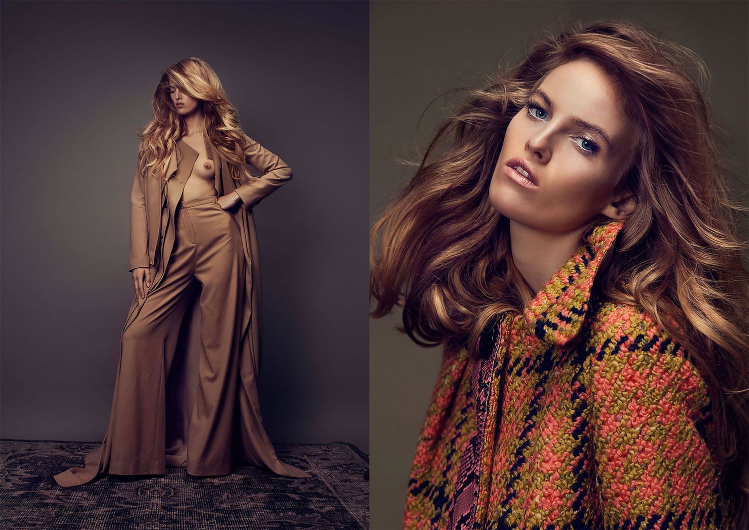 High fashion editorial featuring brown tones and ornate embellished clothing against dark backdrop.