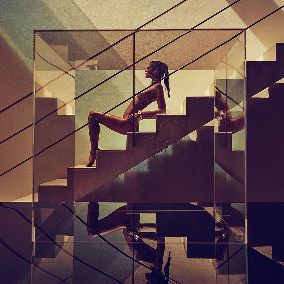 Abstract geometric patterns created by stairs and shadows in modern architecture.