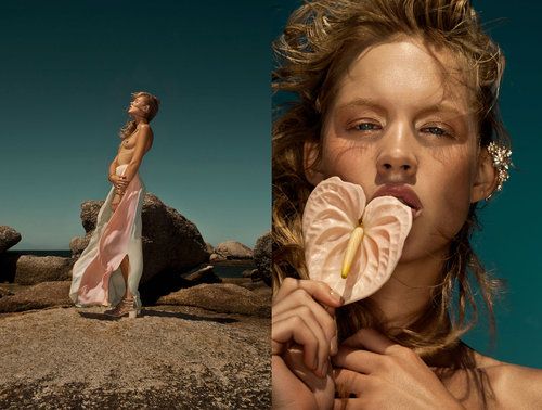 Fashion editorial photo diptych featuring a flowing pink dress on rocks and an anthurium flower against teal background.