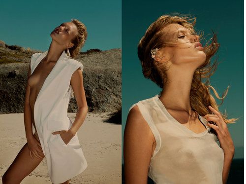 Fashion model poses in white dress against dramatic teal background and desert landscape in dynamic photo sequence.