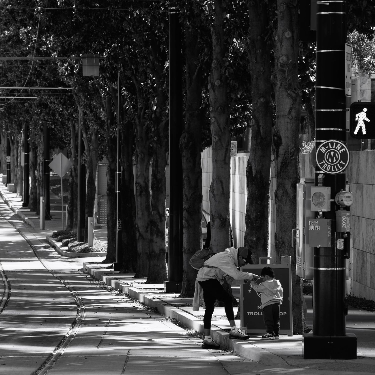 Adult assisting a child near a trolley stop sign along a tree-lined street with tracks.