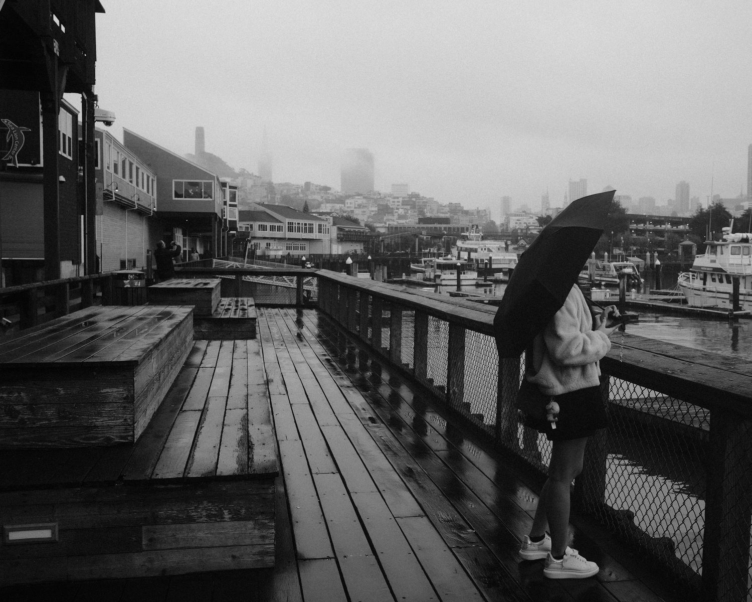 Woman standing on a wet boardwalk holding an umbrella and looking toward a marina on a foggy day.