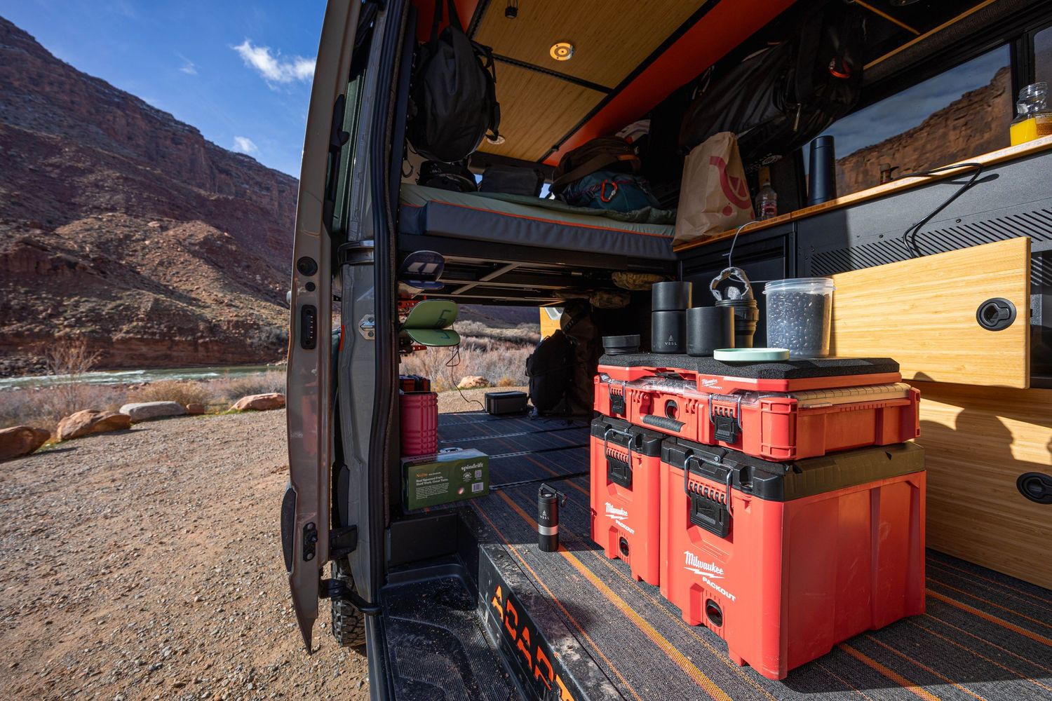 Milwaukee pack out system in an adventure van while traveling through Moab, Utah