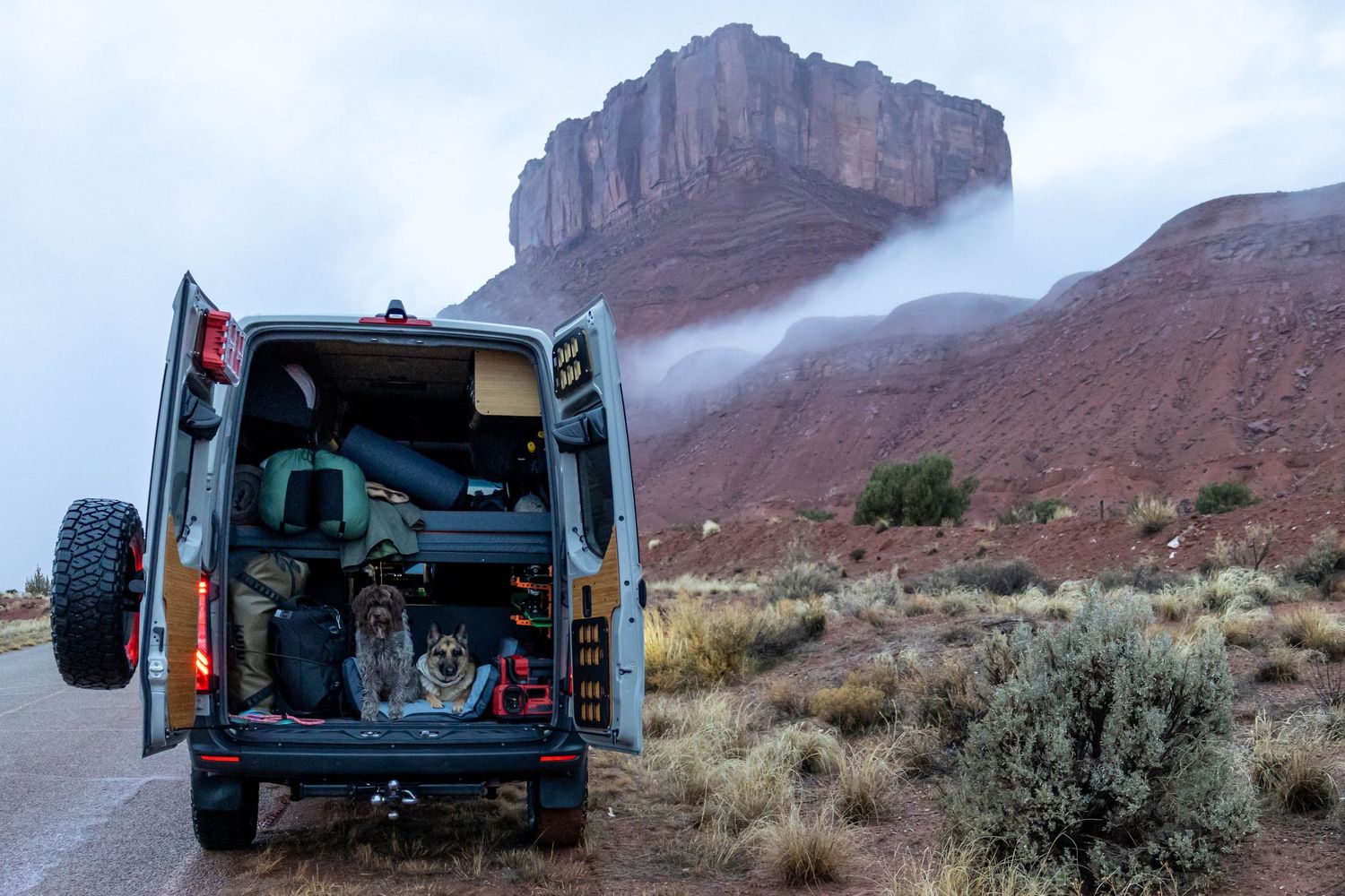 Van camping with two dogs in Moab, Utah