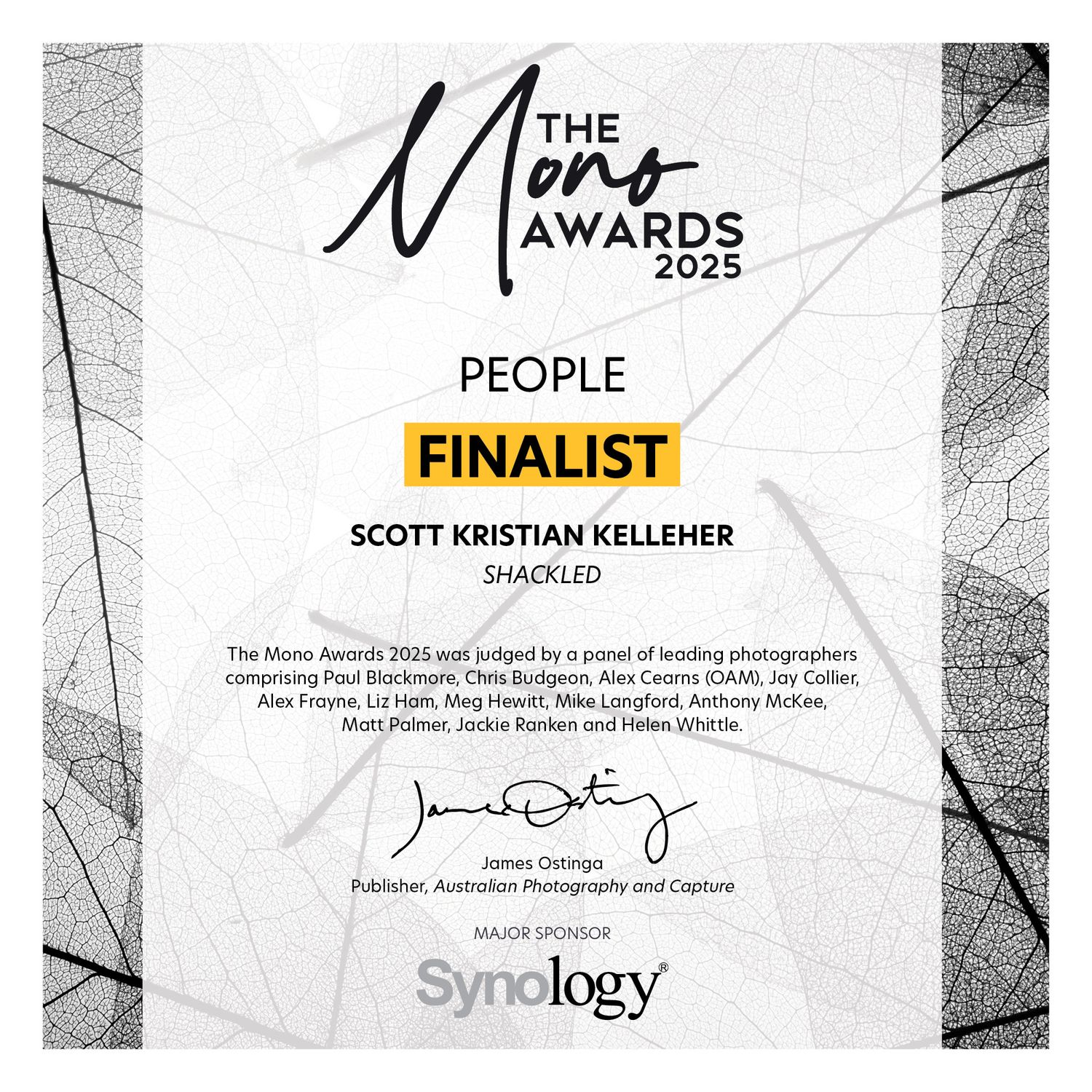 Finalist Award, People category, for 2025 Mono Awards.