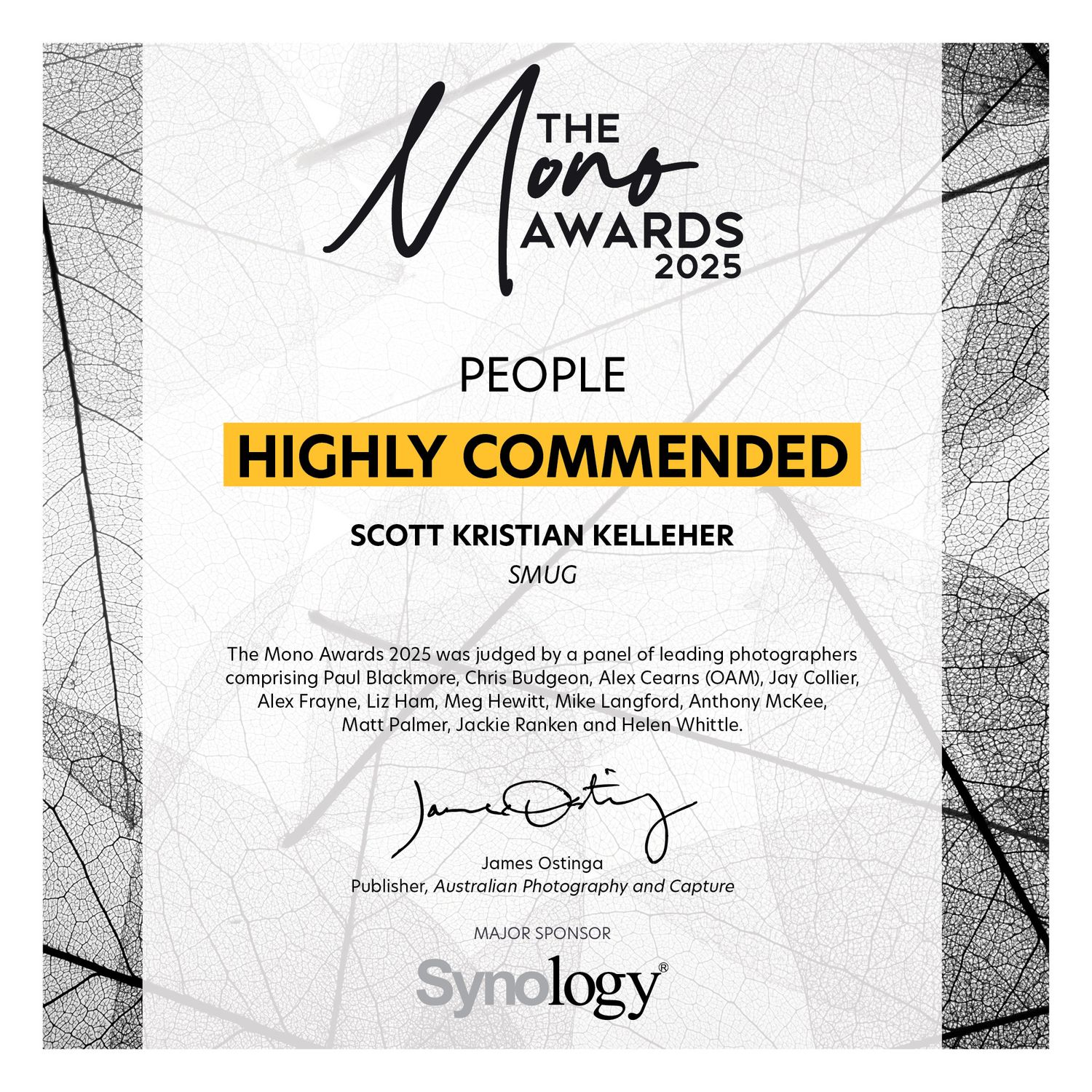 Highly Commended Award, People category, for 2025 Mono Awards.