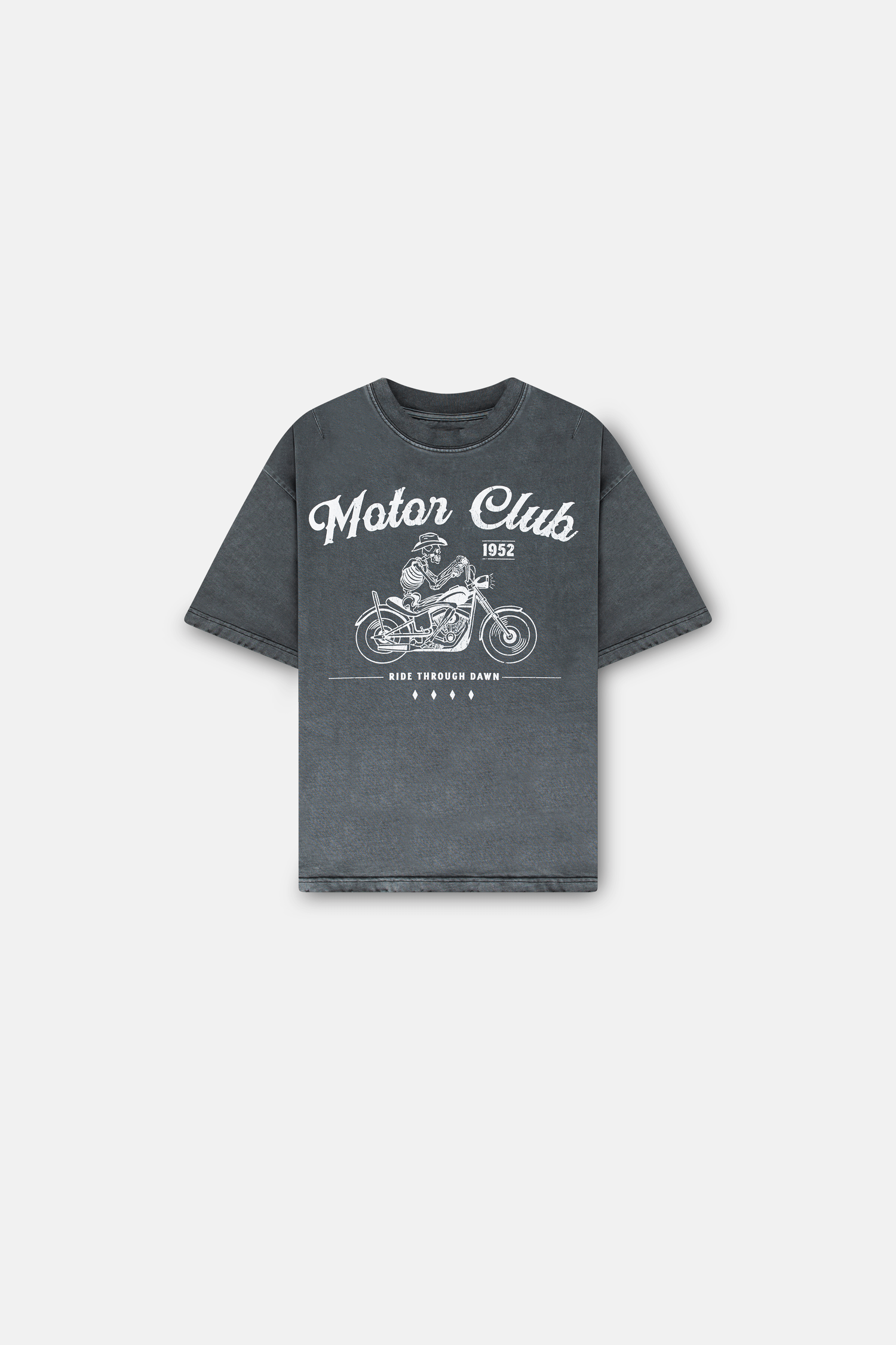 Gray vintage motorcycle club graphic t-shirt shown in cropped views.