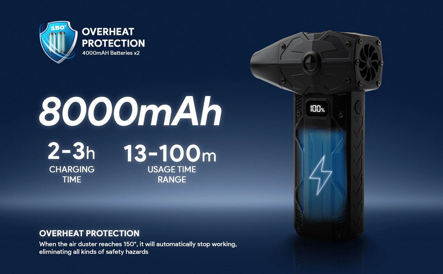 Safety features and battery specifications of portable device shown on dark background.