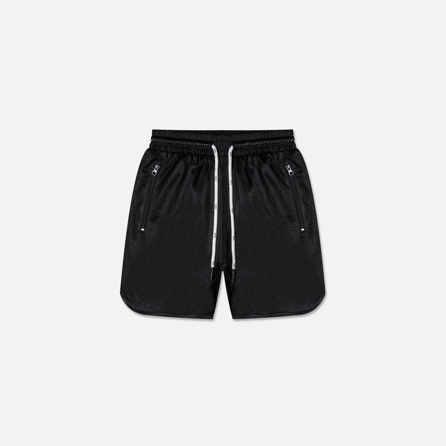 Black athletic shorts with white drawstring and curved hem design.