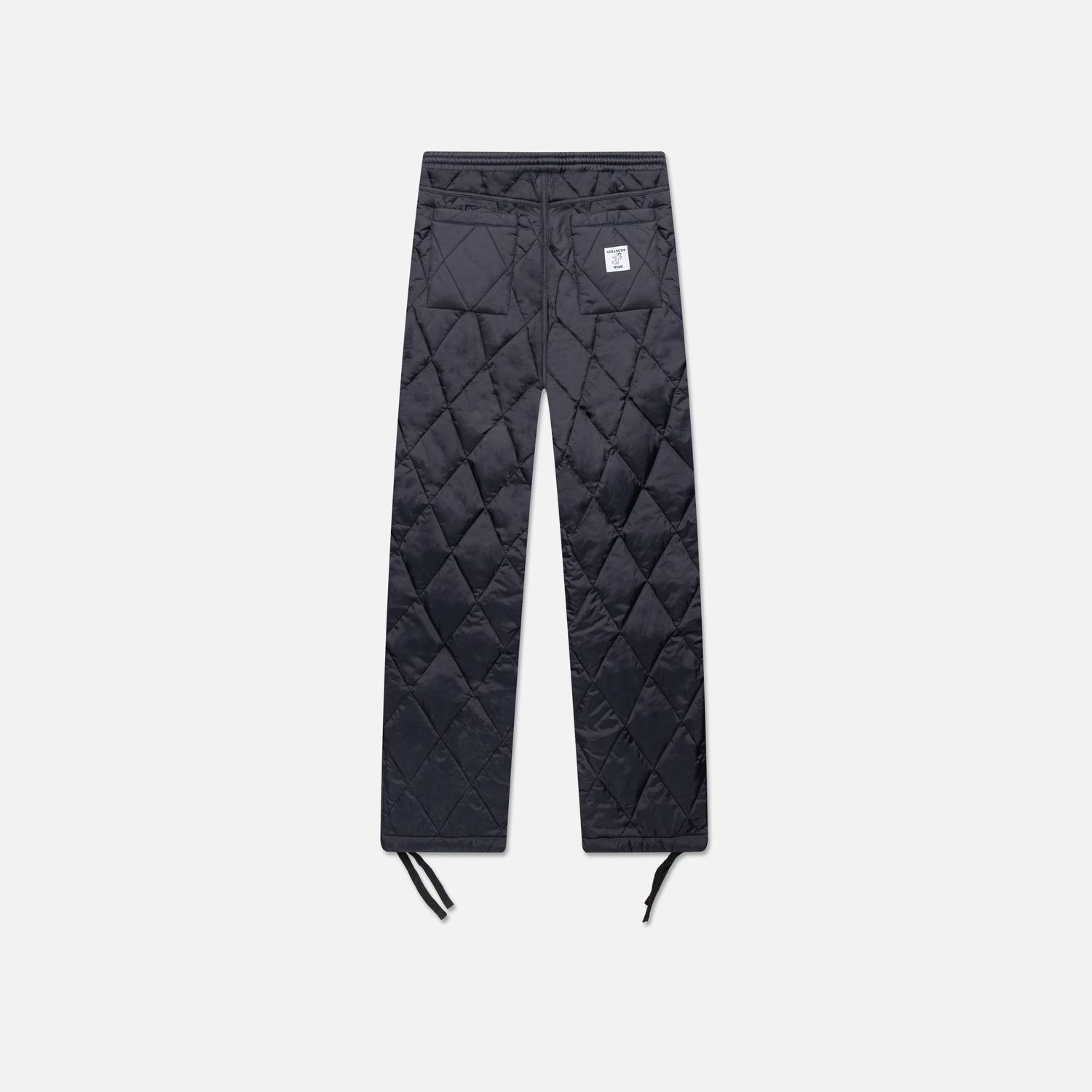 Black quilted winter shorts with geometric pattern stitching.