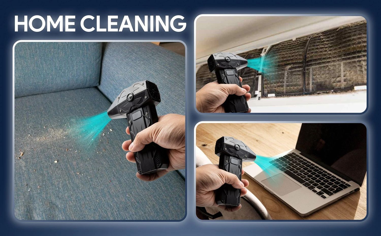Various home cleaning applications shown for portable cleaning device.