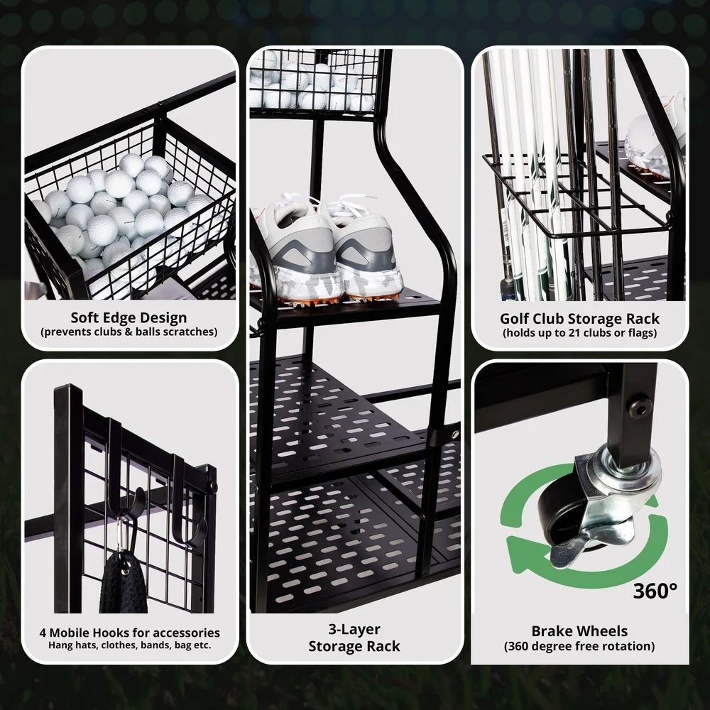 Detailed features of golf club storage rack including 360-degree rotation and brake wheels.