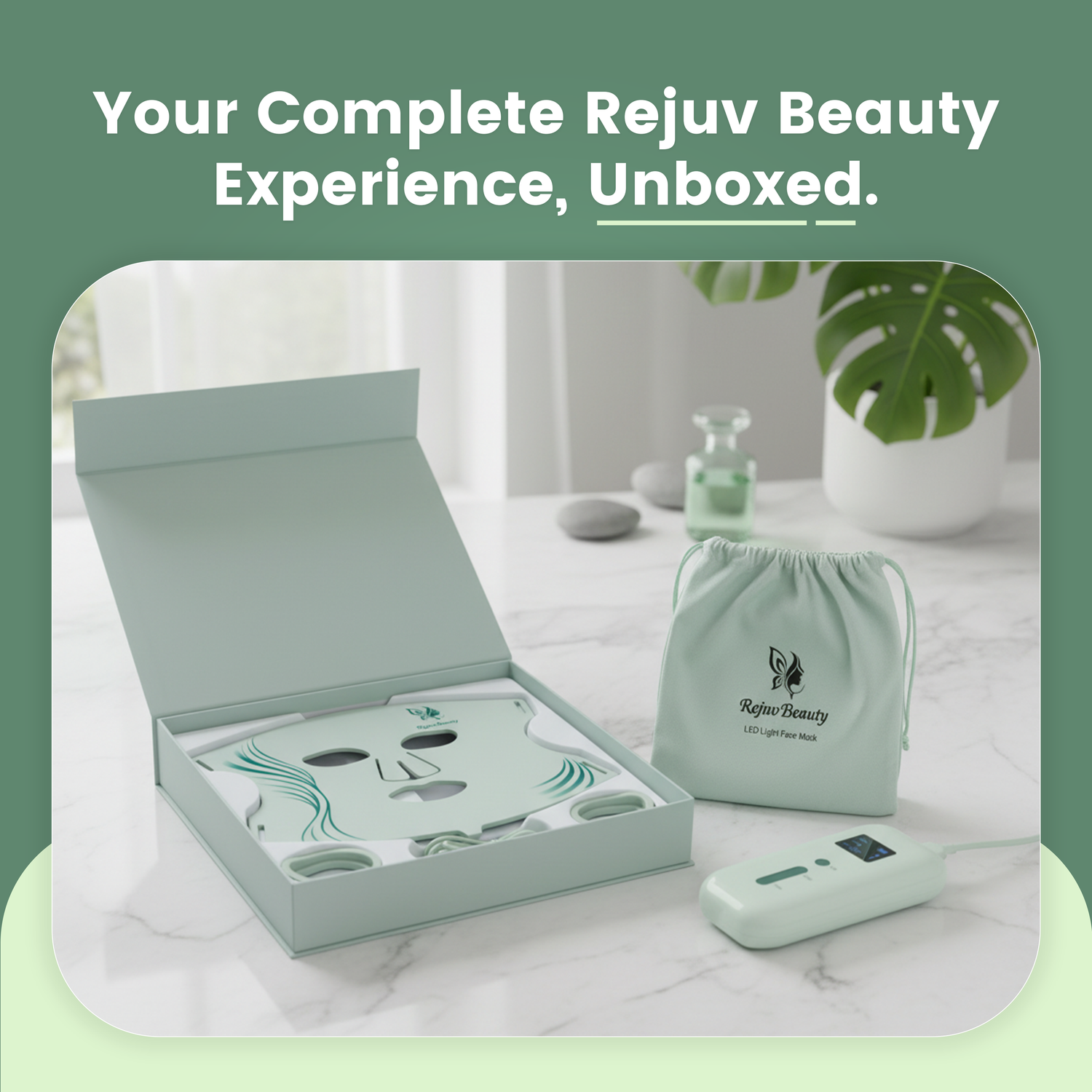 Mint green beauty product boxes and packaging displayed on white surface with monstera plant leaf accent.